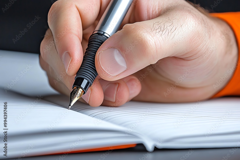 Aufkleber a close-up of a hand holding a pen, writing carefully in a lined notebook with pages filled with not