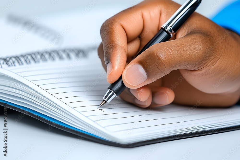 Poster a close-up of a hand holding a pen, writing carefully in a lined notebook with pages filled with not