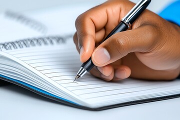 A close-up of a hand holding a pen, writing carefully in a lined notebook with pages filled with notes