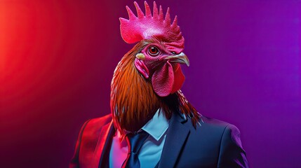 A rooster dressed in an elegant suit, posing on a plain plain background with colorful lighting.