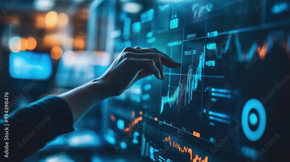 Poster Hand Interacting with a Digital Financial Dashboard Displaying Graphs and Data