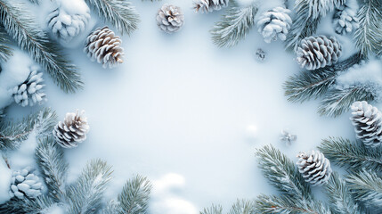 A snow covered landscape with pine trees and pine cones. Sprigs of spruce, covered in snow, lay around in the white snow. There is an empty space in the center.