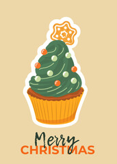 Set of Christmas New Year greeting cards with sweet cupcakes. Winter holiday design for greeting card, invitation, cover, calendar, social media posts, menu.