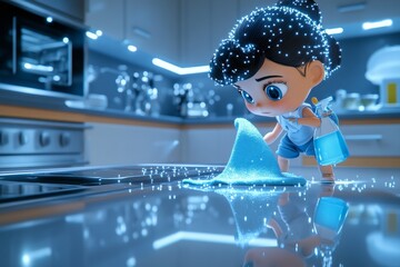 A 3D-animated person cleaning a kitchen with a cloth and spray bottle, with sparkling surfaces and detailed reflections in the digital environment