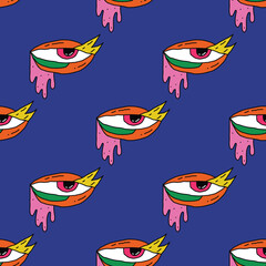square seamless pattern -sinister eyes for Halloween.Devil eyes in 1970s psychedelic style.Groovy and funky print ornament.A look from a horror movie. Mystical esoteric eye.Witches,astrology and tarot