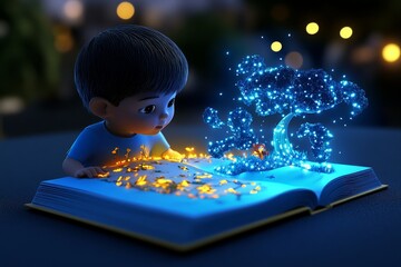 A 3D-animated scene of a child reading a storybook, with the story coming to life in colorful, fully rendered digital animations
