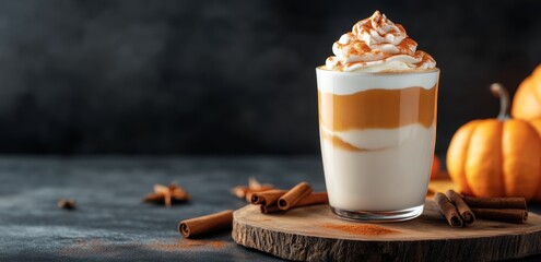 Delicious pumpkin spice latte topped with whipped cream surrounded by autumn leaves and a pumpkin