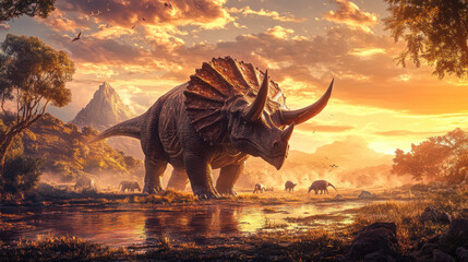 Fototapeta premium A realistic depiction of a triceratops in a wide, open savannah, the golden hour lighting accentuating the rugged texture of its horns and skin