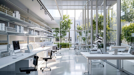 A laboratory with white desks and chairs in it