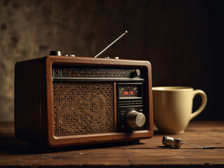 old classic vintage radio on the table with a coffee