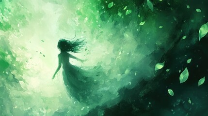A Woman in a Green Dress Amidst Falling Leaves