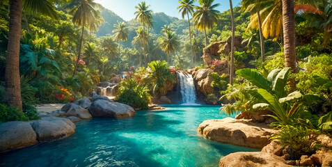 AI-generated image, breathtaking landscape tropical waterfall, A serene beach with golden sands, azure waters, lush palm trees, vibrant, adventure, relaxation, and cherished memories await tourists