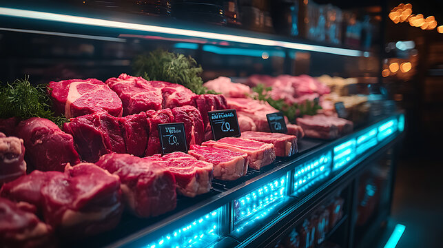 Meat aisle with various cuts displayed in a refrigerated grocery section. close-up of a meat fridge in a grocery store filled with various cuts of fresh meat various cuts of beef, pork and other meats
