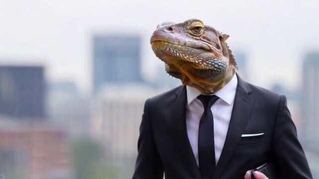 Lizard head on a business suit, merging reptilian and human traits.