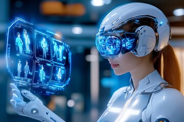 A futuristic AI storyteller, generating captivating narratives with holographic displays of characters and scenes