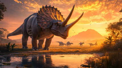 A realistic depiction of a triceratops in a wide, open savannah, the golden hour lighting accentuating the rugged texture of its horns and skin