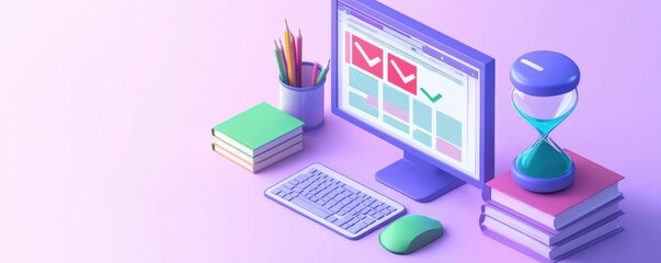 3D isometric illustration of a workspace with computer, books, and stationery for productivity and organization