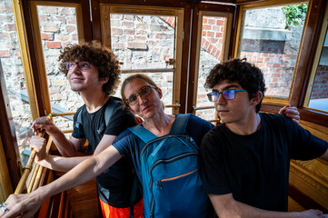 Budapest, Hungary. August 26, 2022. Fun shot inside the cabin of the vintage cable car that...