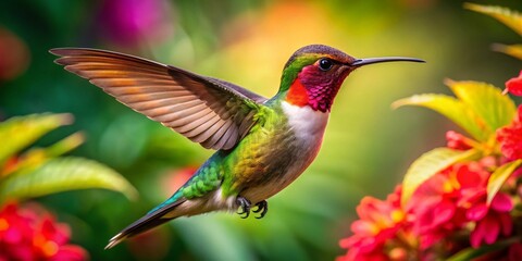 Fototapeta premium Ruby Red Throated Hummingbird in Flight Captured Amidst Vibrant Tropical Flowers and Greenery