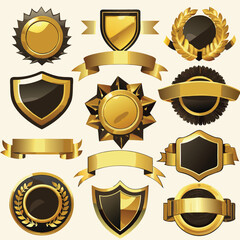 Gold Luxury Badge and Ribbon Collection Vector Set – Star, Shield, Emblem, Wreath, Banner Icons on a White Background for Virtual Competition or Award Ceremony Design Template