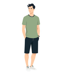 Vector illustration of a man in a simple and comfortable look with an olive t-shirt and black shorts