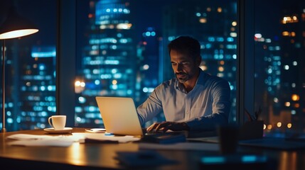 In a modern office, a businessman types intently, framed by a stunning city skyline at night.