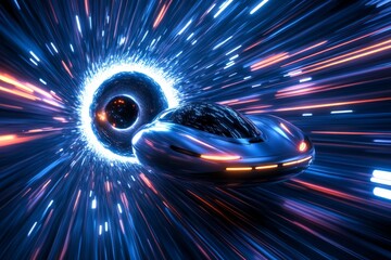 A futuristic spaceship flying through a wormhole, traveling faster than light through time and space