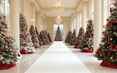 Elegant Christmas corridor with decorated trees and white pathway in a luxurious hall