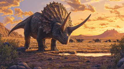 Fototapeta premium A realistic depiction of a triceratops in a wide, open savannah, the golden hour lighting accentuating the rugged texture of its horns and skin