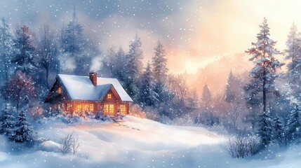 charming winter house depicted in soft watercolor style surrounded by falling snowflakes embodying the warmth and spirit of christmas on a clean white background