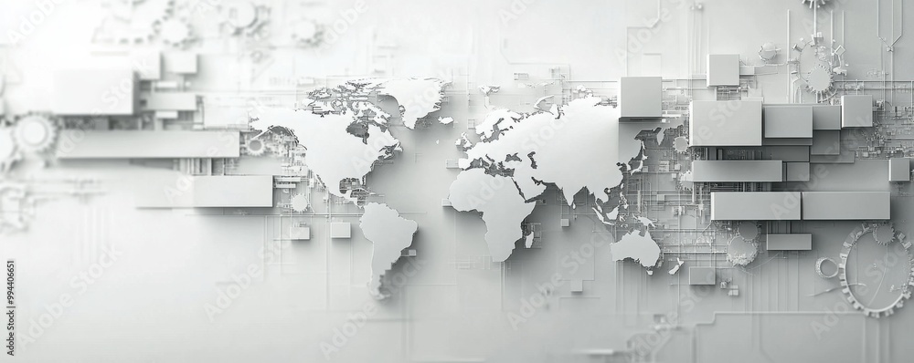 Aufkleber abstract 3d world map with geometric cubes and gears on a minimalist gray background