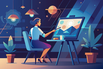 NFT. Flat vector illustration with woman creating digital picture. Concept of future innovations.
