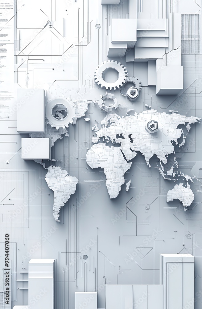 Poster abstract 3d world map with geometric shapes and gears in white tones representing global connections