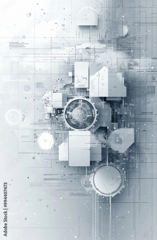 Poster abstract world map with futuristic geometric shapes and diagrams in a high-tech digital style