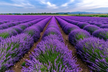A lavender field in full bloom, with rows of purple flowers stretching toward the horizon under a blue sky