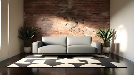 Gray couch positioned in a cozy living room, set against a rustic brick wall backdrop.
