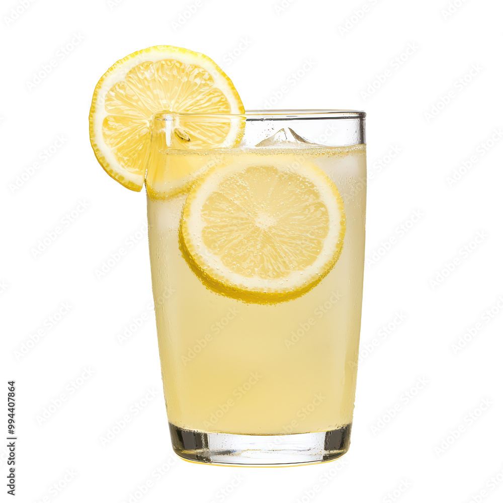 Poster refreshing lemonade drink with ice and lemon slices isolated on transparent background.