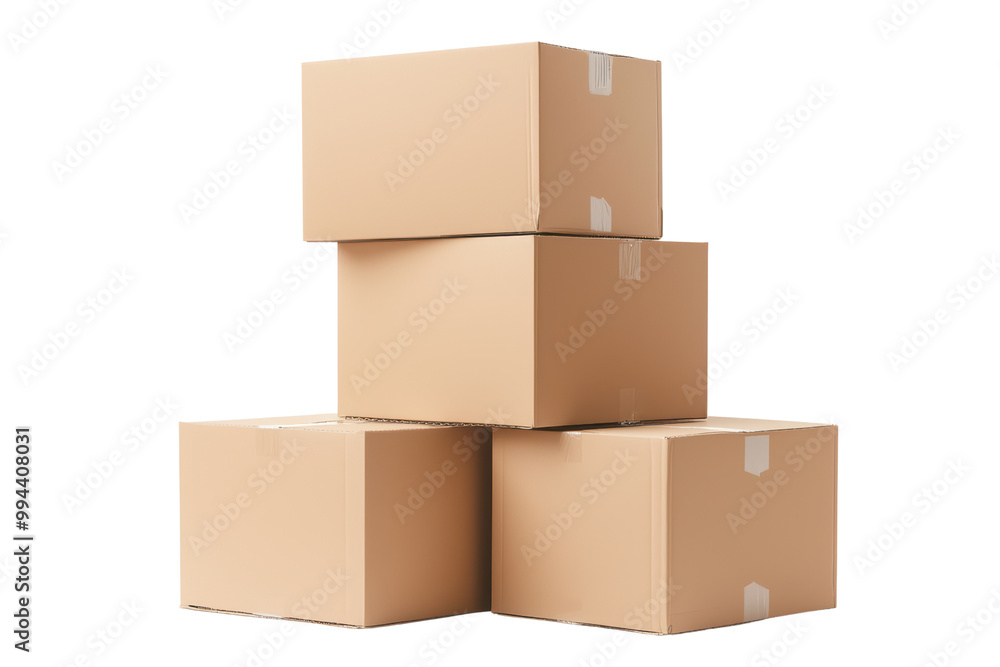 Poster stack of cardboard boxes isolated on transparent background.