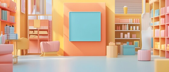 A bright and colorful interior featuring modern furniture and shelves filled with books, perfect for creative inspirations.