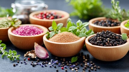 A colorful array of spices and herbs displayed in wooden bowls on a dark surface