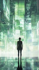Fototapeta premium A person in business attire stands before an illustration of green buildings and cityscape, symbolizing the impact on urban life through sustainable building practices