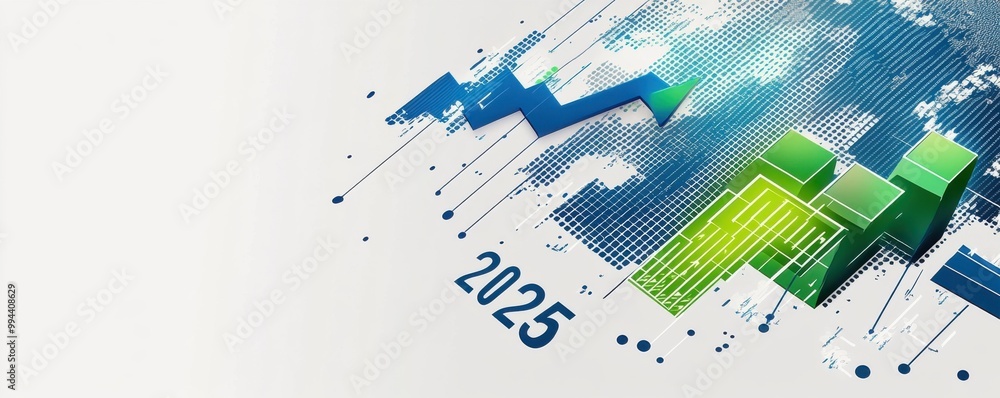 Poster global economic forecast for 2025 with upward arrow and graph highlighting growth and development ac