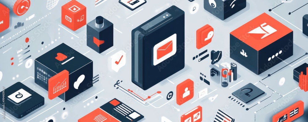 Poster abstract digital background featuring 3d geometric shapes and technology icons in a futuristic and i