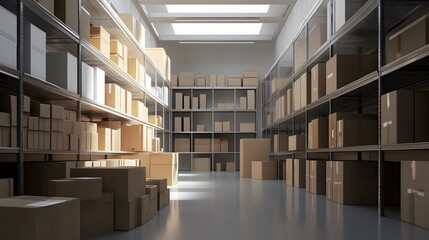 A spacious warehouse interior filled with neatly stacked boxes on shelves, illuminated by natural light through skylights.