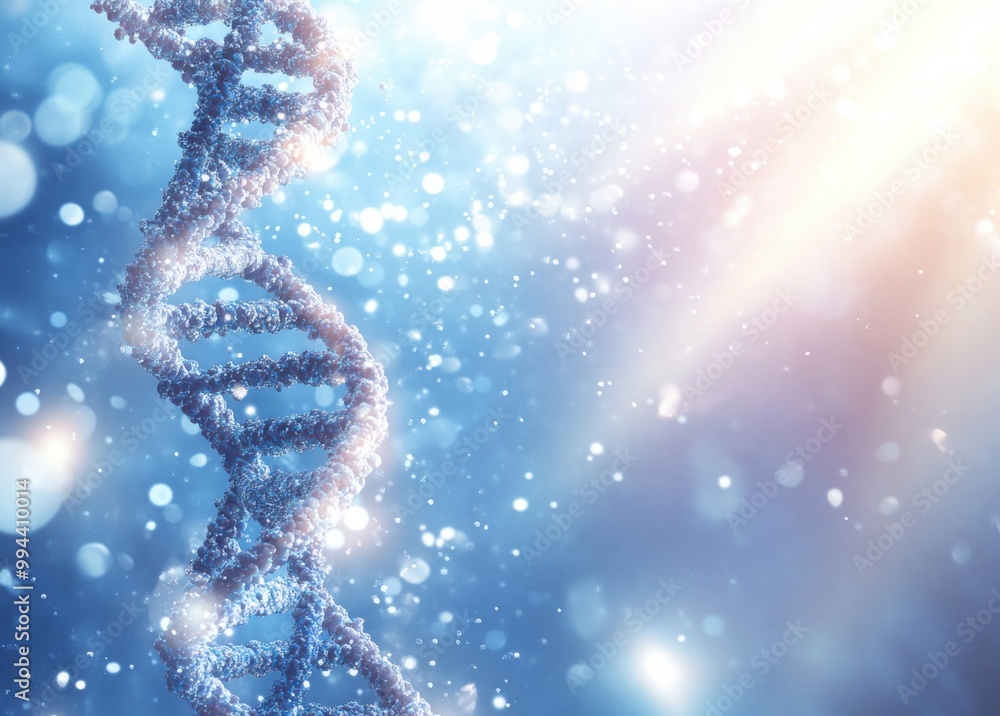 Poster beautiful blurred background featuring a digital representation of dna helix structure in blue and w
