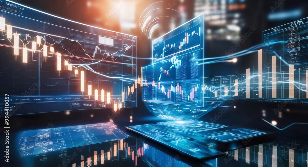 Poster financial market dynamics: a futuristic depiction of dynamic stock market data visualized on multipl