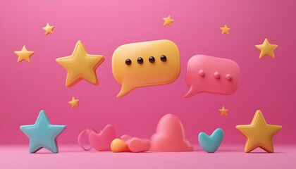 Colorful speech bubbles and stars against a pink backdrop, perfect for expressing conversation and creativity in design.