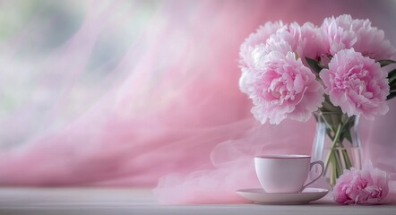 Fototapeta premium Delicate pink peonies in a vase beside a cup on a softly textured table with a pastel background