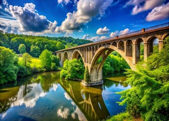 Fototapeta premium Scenic View of a Historic Bridge in Virginia Surrounded by Lush Greenery under a Clear Blue Sky