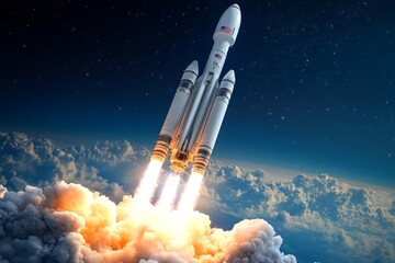 A rocket launching from a futuristic spaceport, sending humans to deep space missions